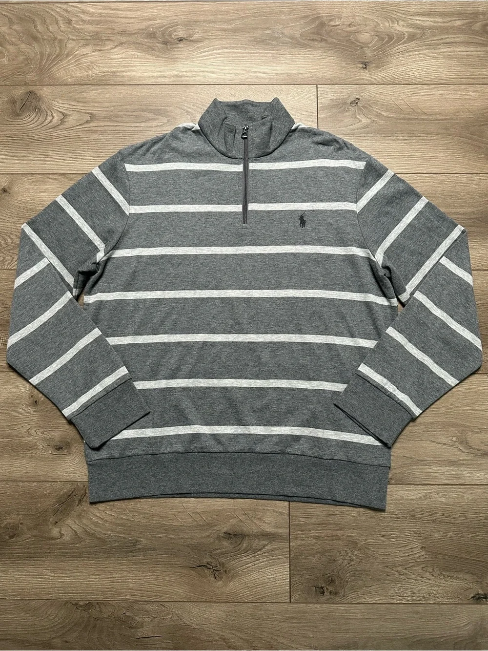Polo Ralph Lauren 1/4 Zip Long Sleeve Pullover Top Gray Stripe Size Large